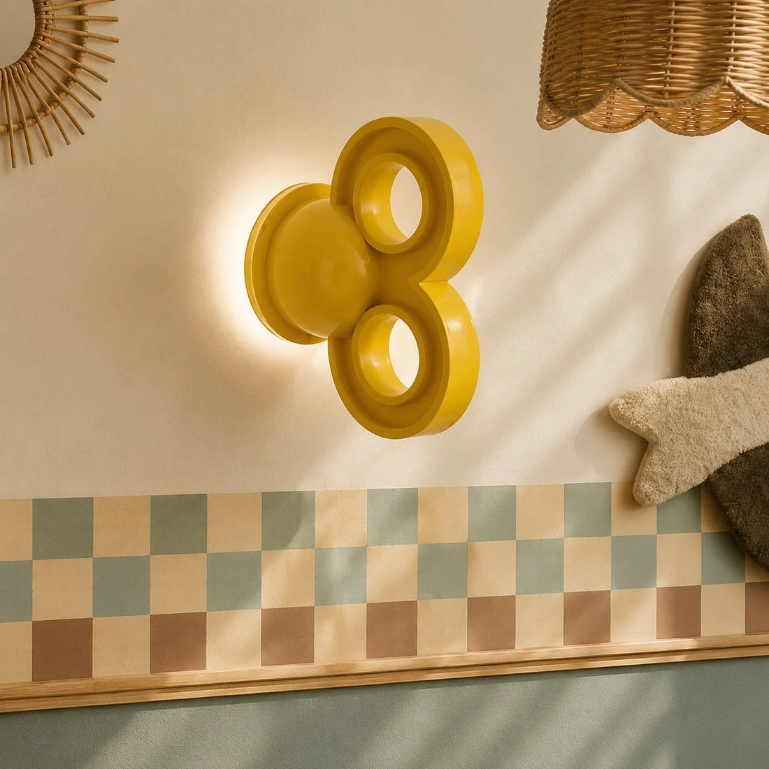 Yellow wall light on a patterned warm interior wall