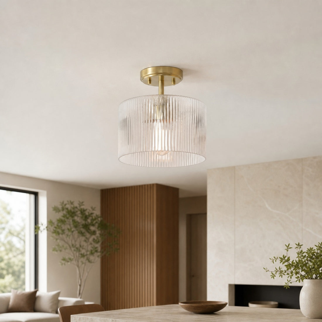 Rivora Ribbed Glass Semi Flush Ceiling - Modern Farmhouse Ceiling Light for Bedroom and Hallway U09