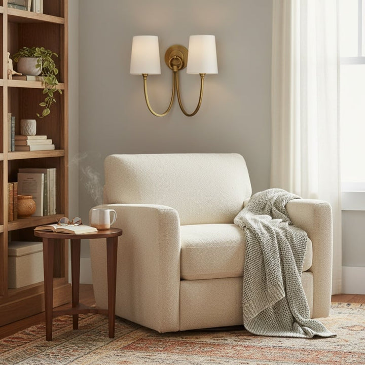 Roven Modern Double Wall Sconce with Curved Arms and Fabric Shades – Classic Accent Lighting for Bedroom