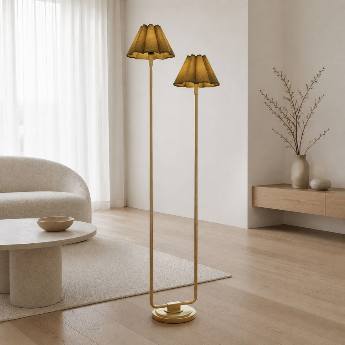Duova Minimalist 2‑Light Floor Lamp - Modern Pleated Fabric Metal Light for Bedroom or Living Room