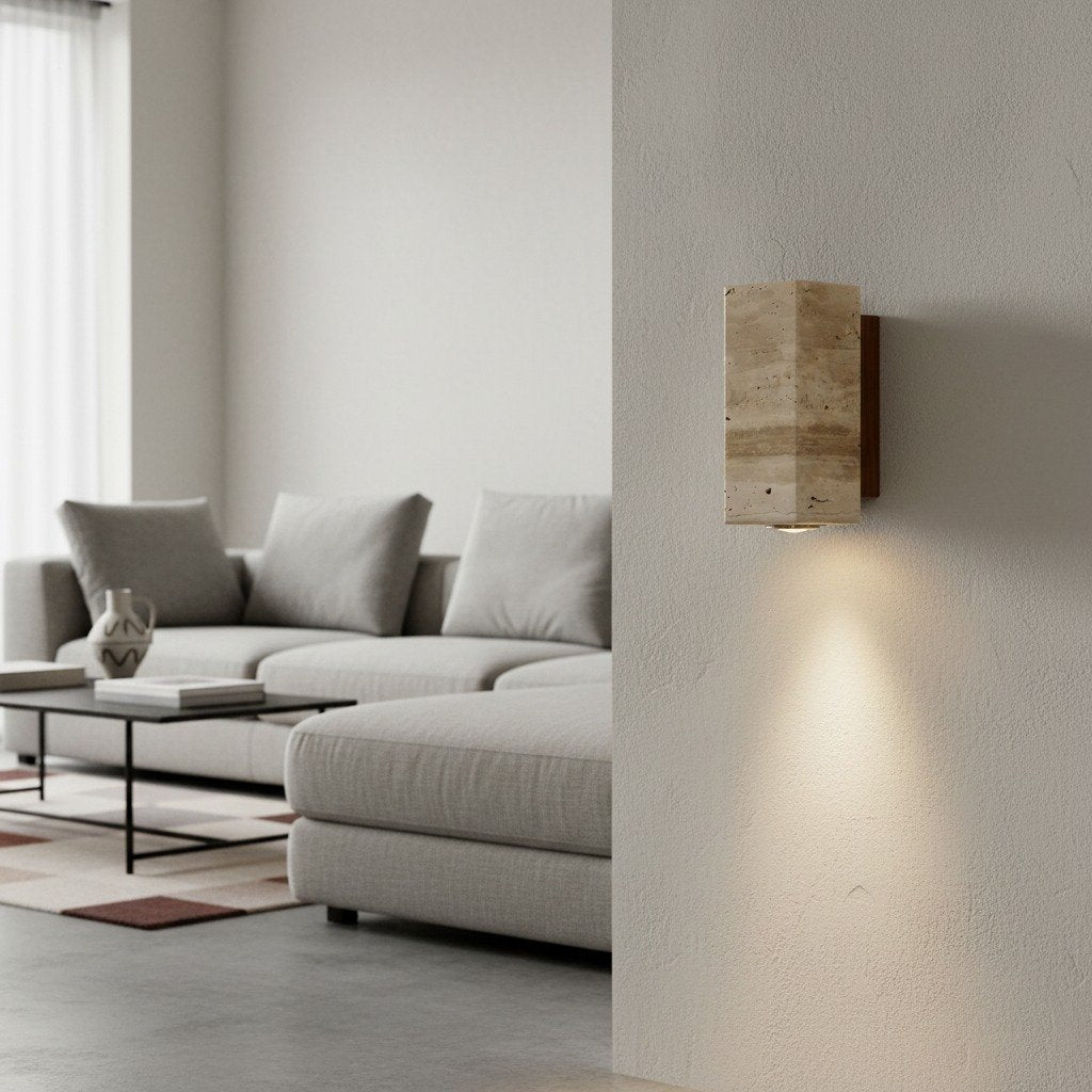 Slivara Natural Stone Backplate with Warm Amber Shade - Vintage Modern Slivara Wall Sconce for Living Room