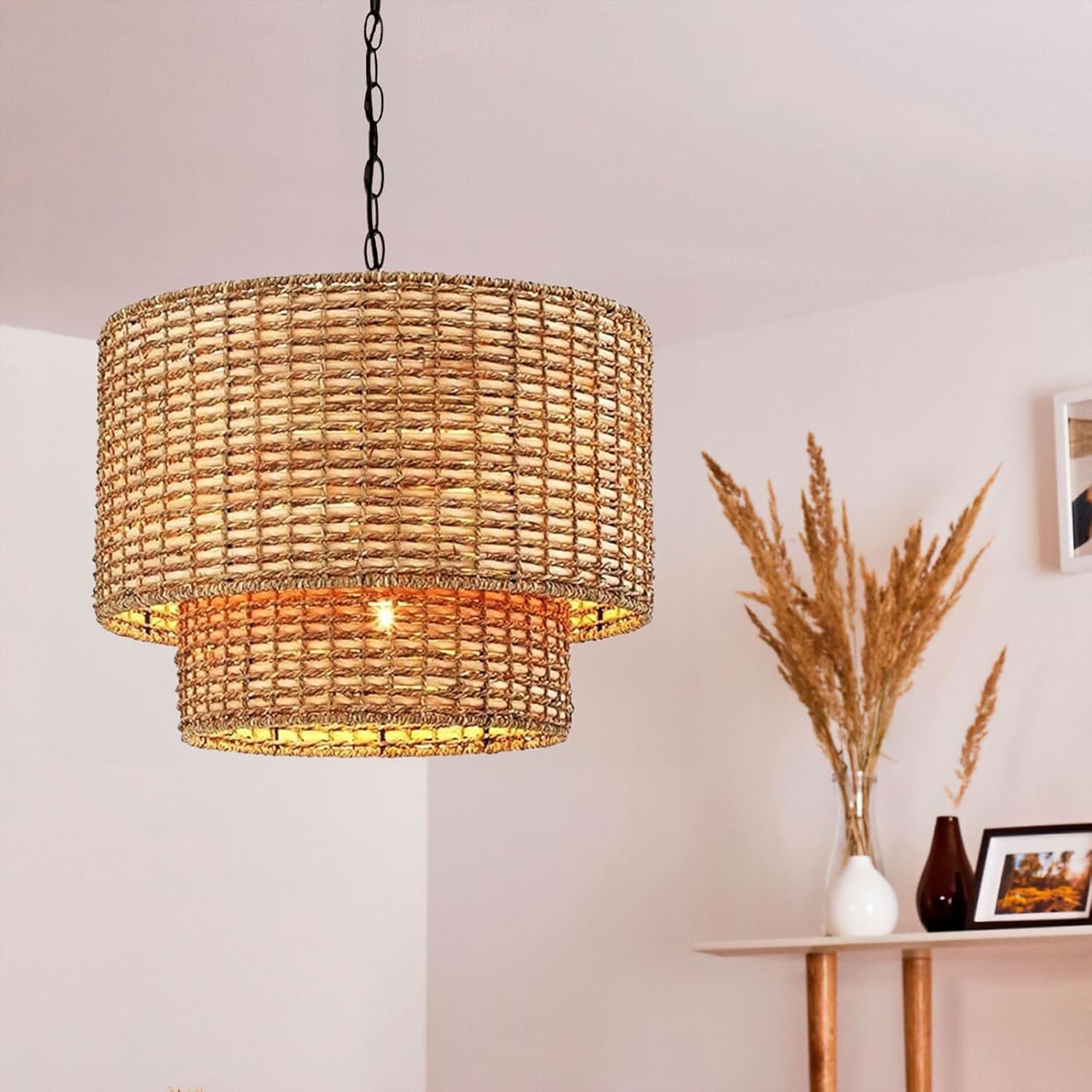 Natural Rattan Double Drum Pendant Light With Black Canopy