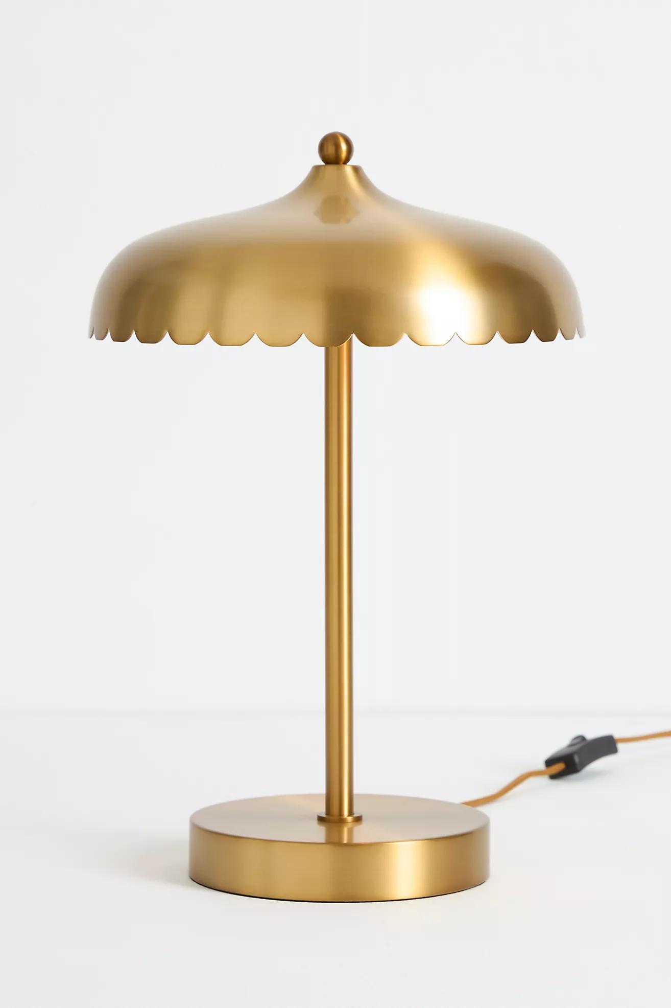 Rayla Vintage Brass Finish Table Lamp – Scalloped Glass Shade for Bedroom Accent