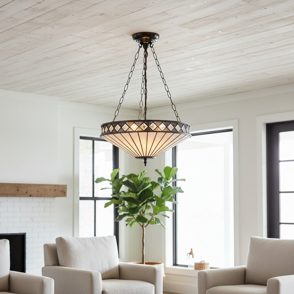 TF Fargo Adjustable Pendant with Stained-Glass Inspired Inverted Shade for Island and Dining