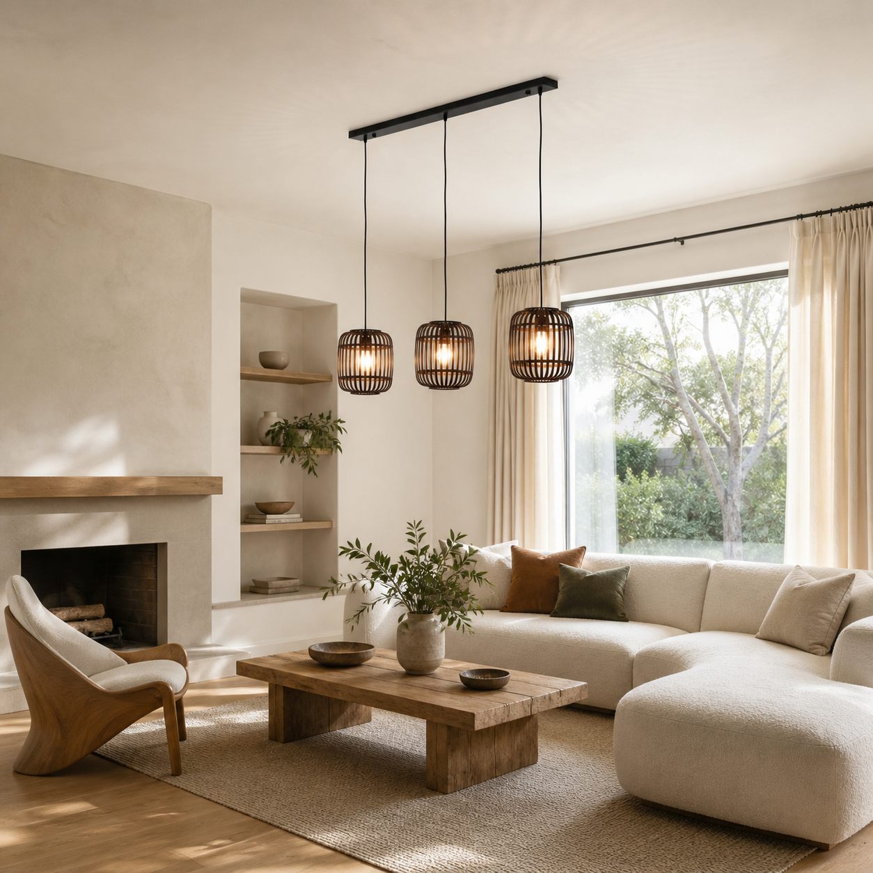 Yumeko Adjustable Bamboo Pendant Lamp - Natural Cage Ceiling Light Perfect for Living & Dining Rooms