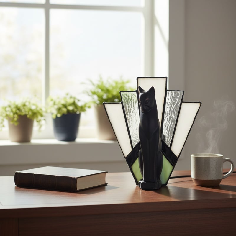 TF Felix Table Lamp – Art Deco Design with Glass Shade and Cat Figurine for Living Room or Bedroom