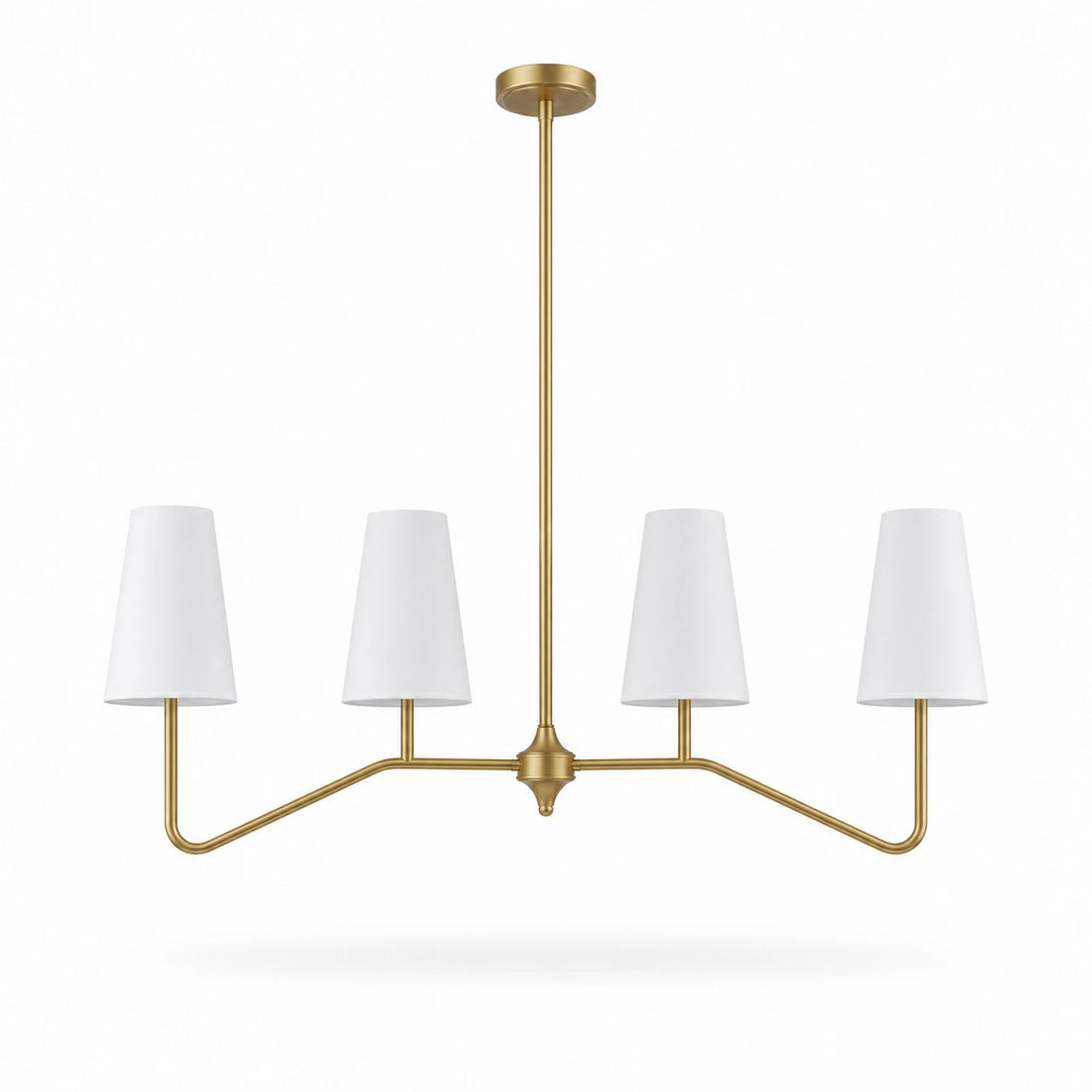 Strellux linear chandelier in brass finish with white shades