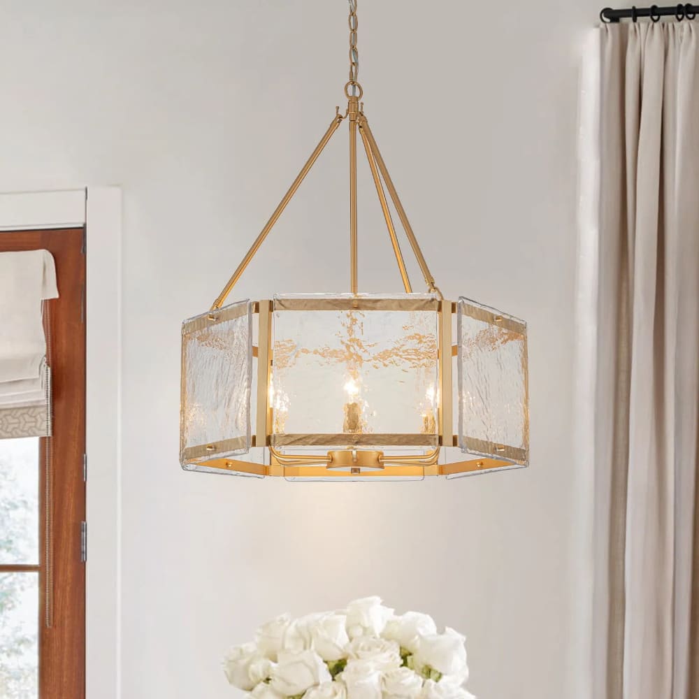 Textured Water Ripple Drum Chandelier - 6-Light Glass Pendant Light