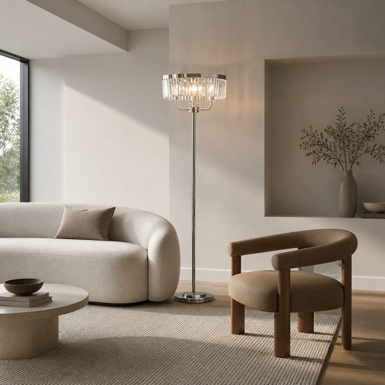 Beveline 3 Light Round Floor Lamp - Faceted Cut Glass Shades Classic Metal Finish For Living Rooms