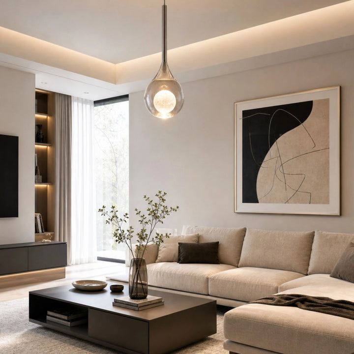 Chrome Luma pendant in a modern living room