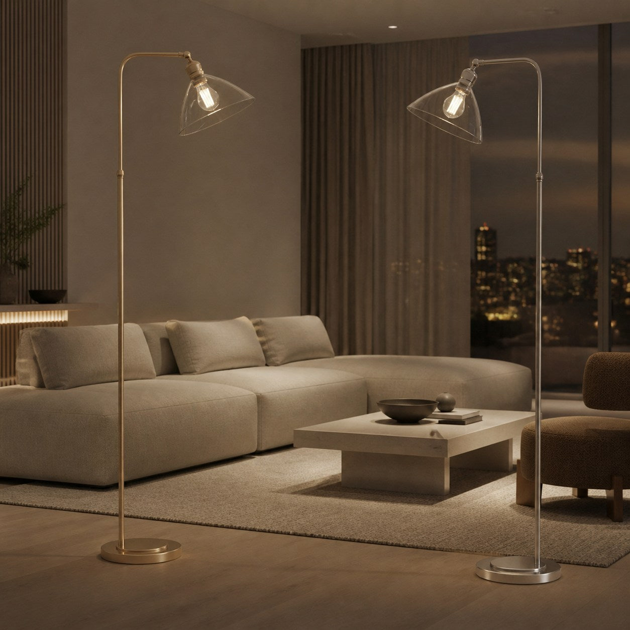 Clarione Art Deco Floor Lamp with Clear Glass Shade and Metal Base