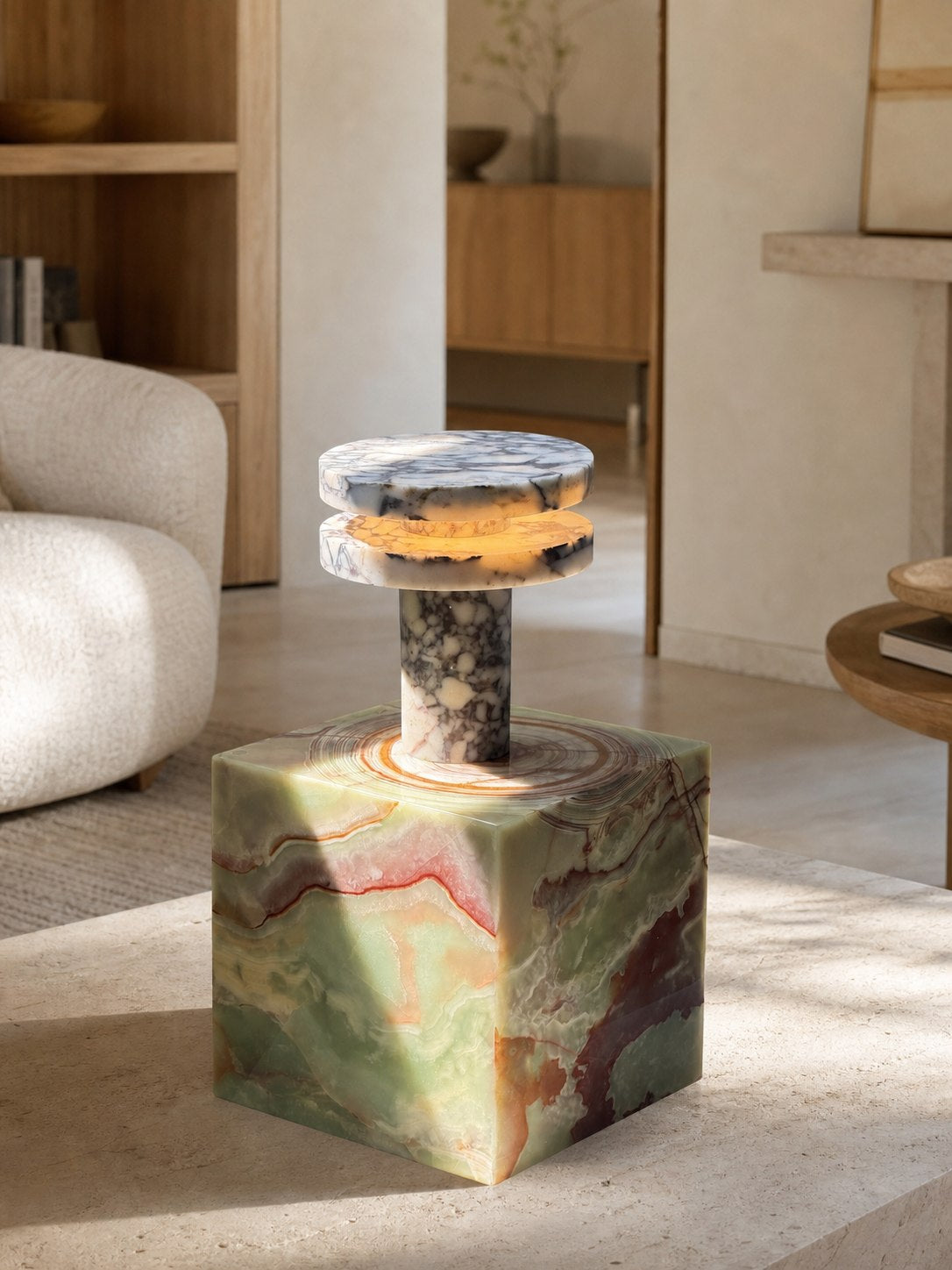 Modern Sculptural Table Lamp with Cylindrical Base Design for Bedroom Bedside and Living Room Use