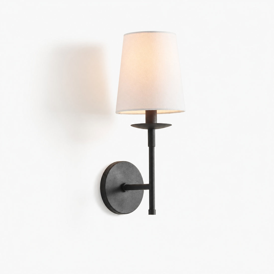 Rowan Bronze or Brass Wall Sconce - Iron Light with White Linen Shade for Home