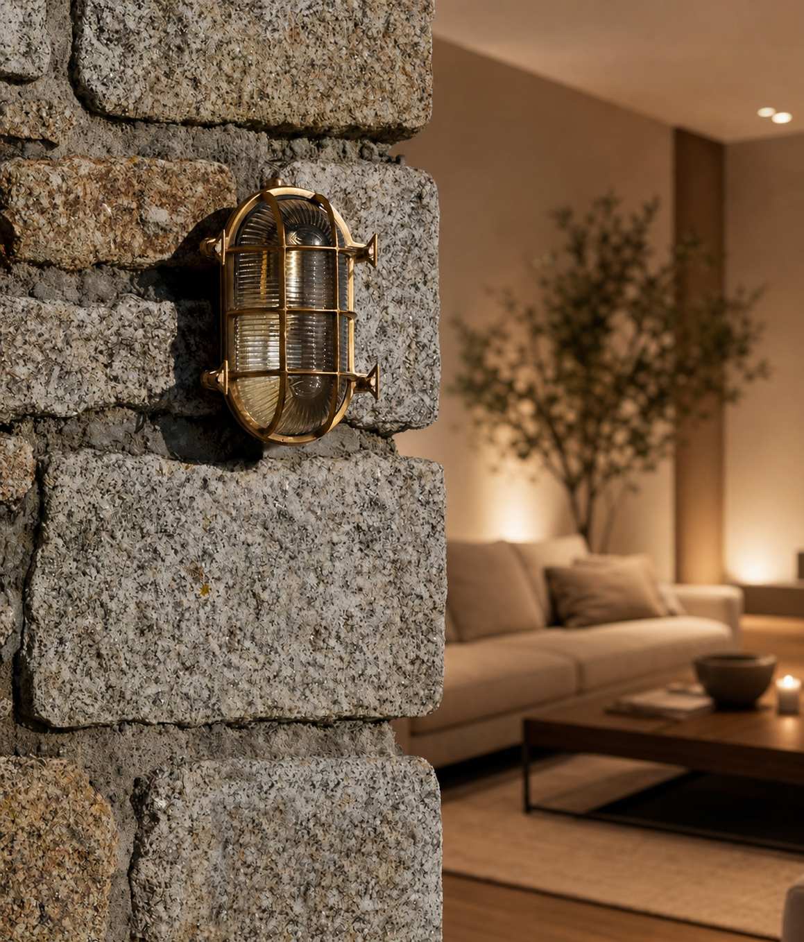 Ivoran Bulkhead Wall Sconce - Brass Caged Glass Vintage Industrial Light for Outdoor and Bathroom