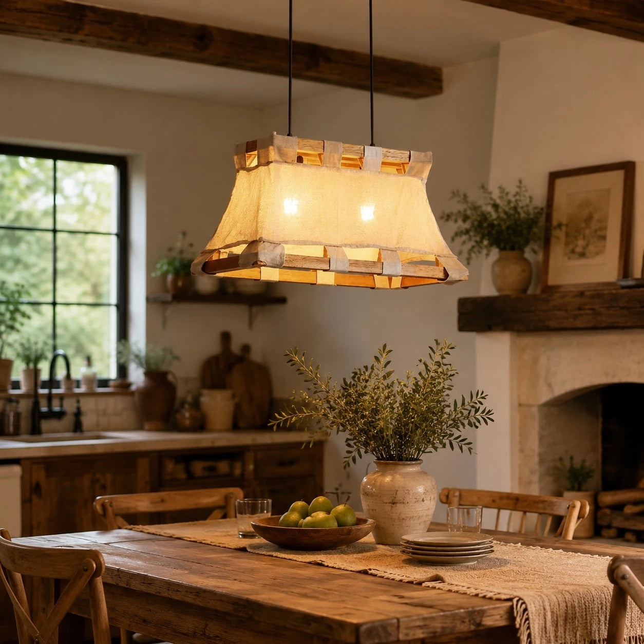 Rustic restaurant pendant light over wooden table