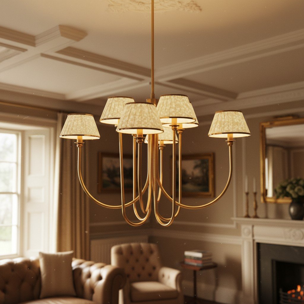 Ruchee Chandelier – Layered Fabric Shade Brass Ceiling Light for Dining or Living Spaces
