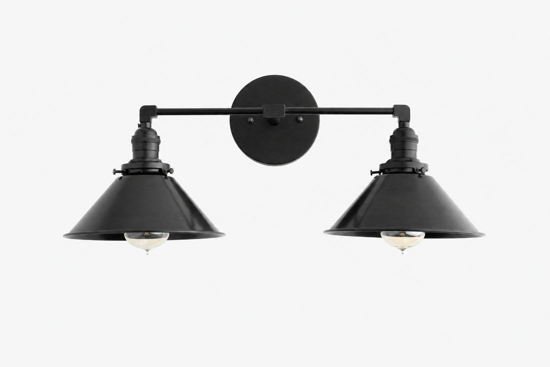 Conique Metal Dual Black Sconce with Cone Shades - Industrial Vanity Wall Light for Mirror