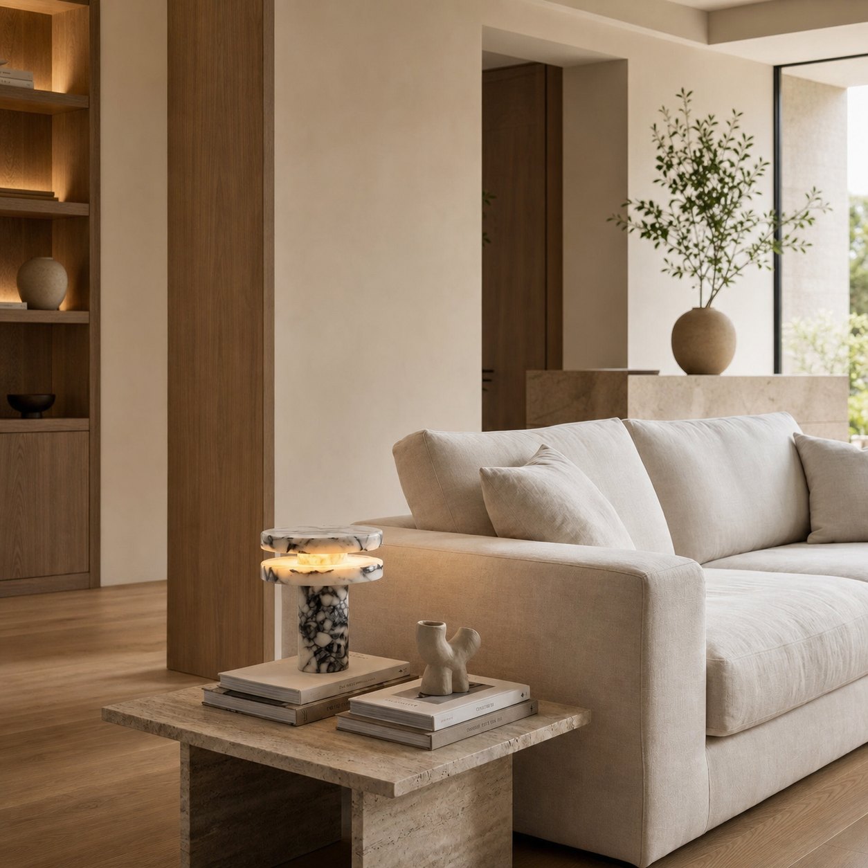 Modern Sculptural Table Lamp with Cylindrical Base Design for Bedroom Bedside and Living Room Use