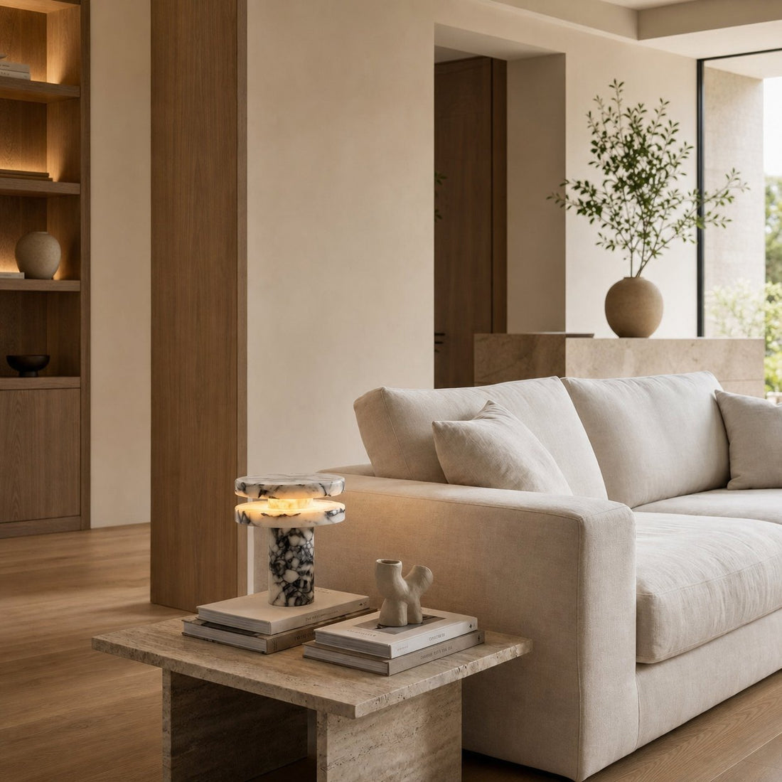 Modern Sculptural Table Lamp with Cylindrical Base Design for Bedroom Bedside and Living Room Use