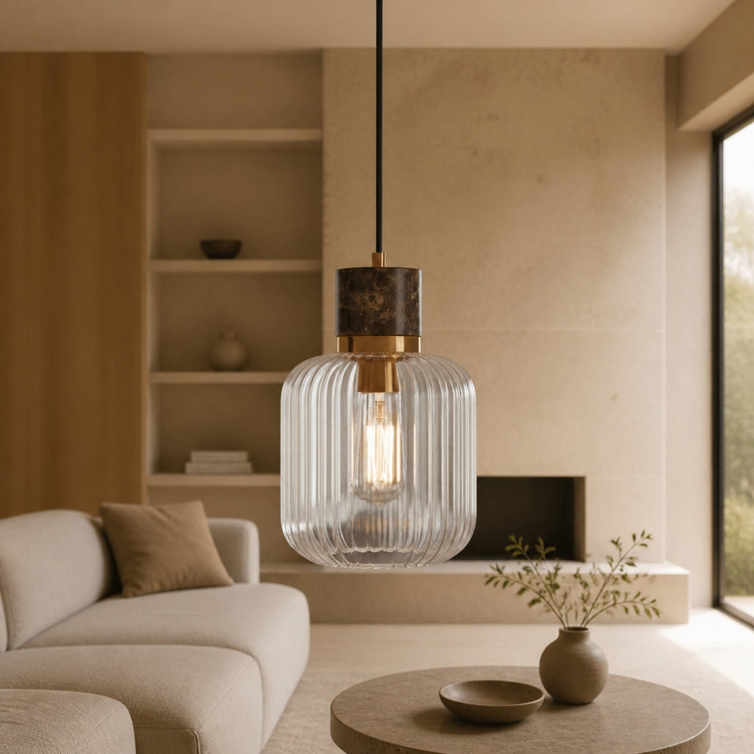 Korlisse Natural Stone and Glass Pendant Light – Stylish Lamp for Lounge or Living Room