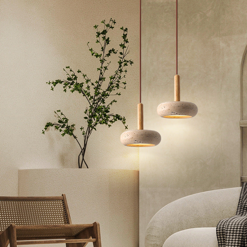 Traditional Japanese Round Wood Travertine Pendant Light