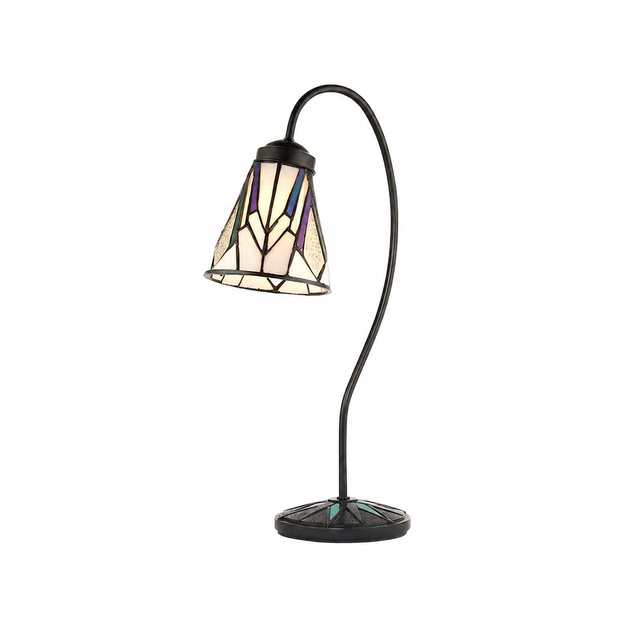 TF Astoria Tiffany Table Lamp – Curved Swan-Neck Arm Art Deco Glass Shade for Desk