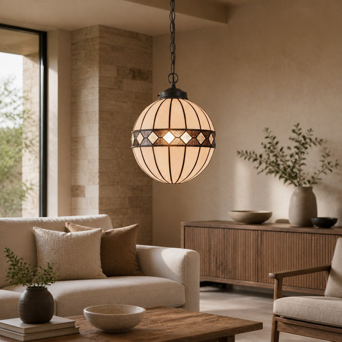 TF Fargo Tiffany Style Globe Pendant – Handcrafted Art Glass Sphere Light for Kitchen Island