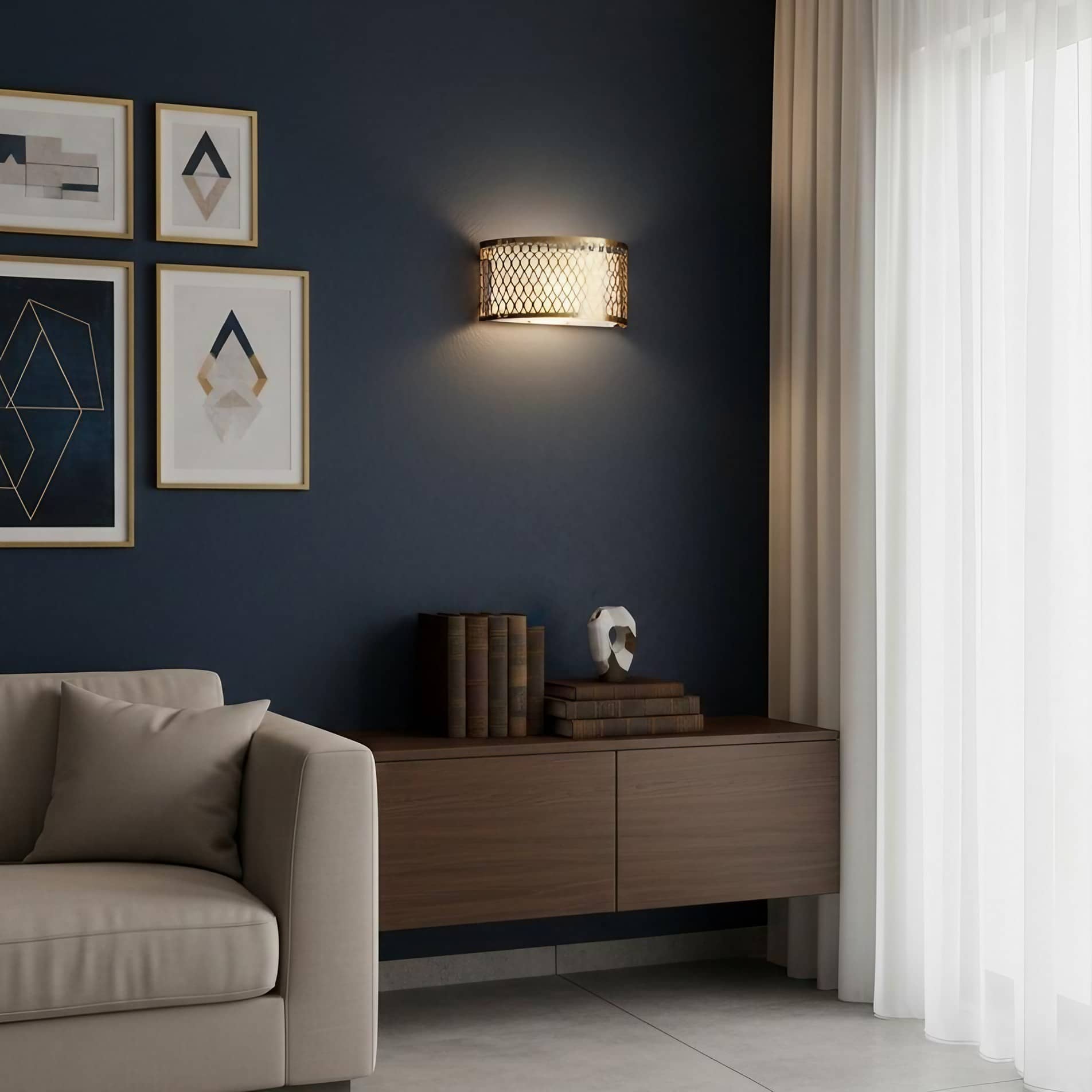Liorin Fretwork Wall Light - Modern Curved Metal and Fabric Shade Sconce for Hallway or Bedroom