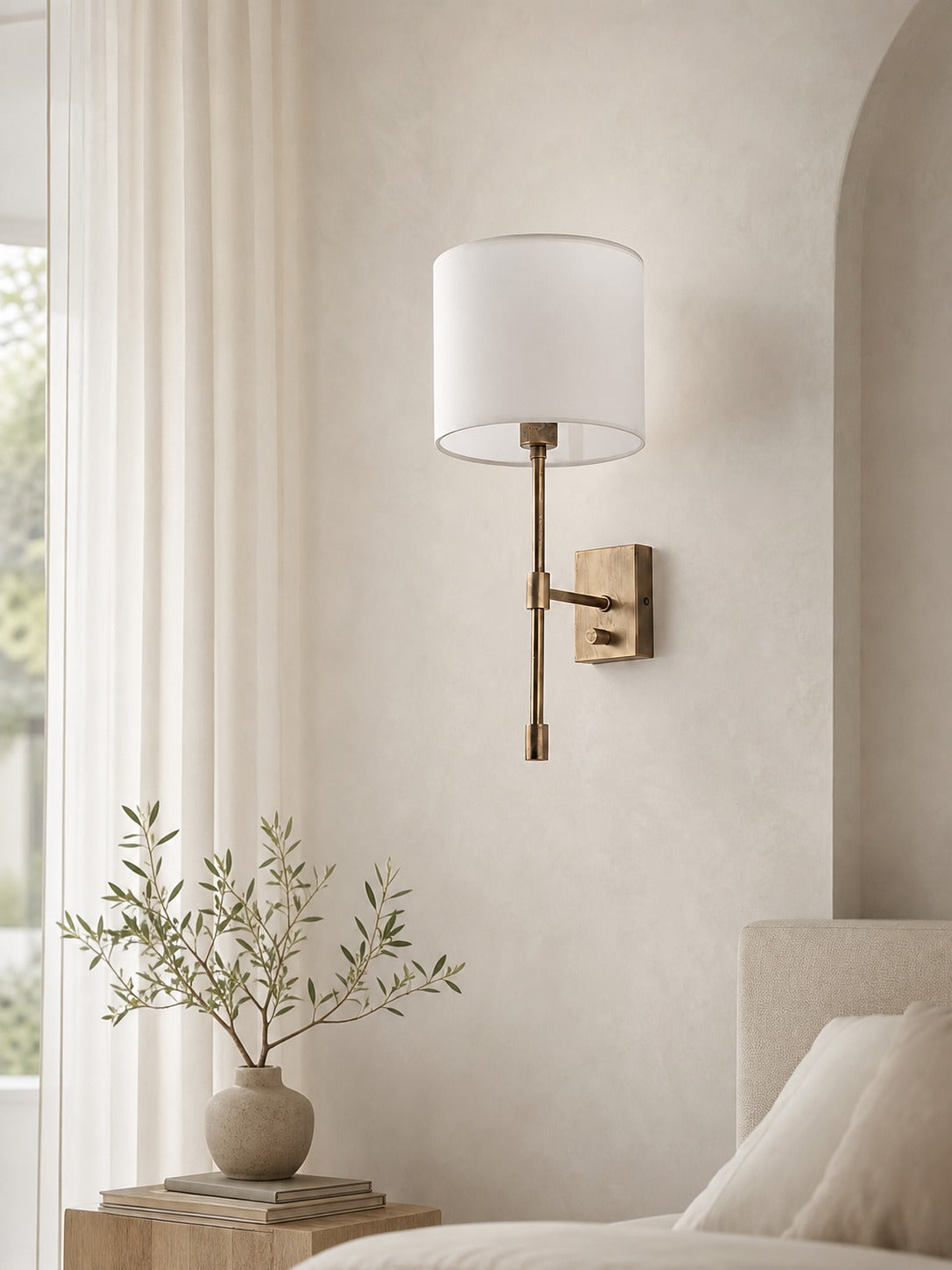 Atticus Fabric Shade Wall Sconce - Modern Brass Wall Light for Bedroom and Hallway