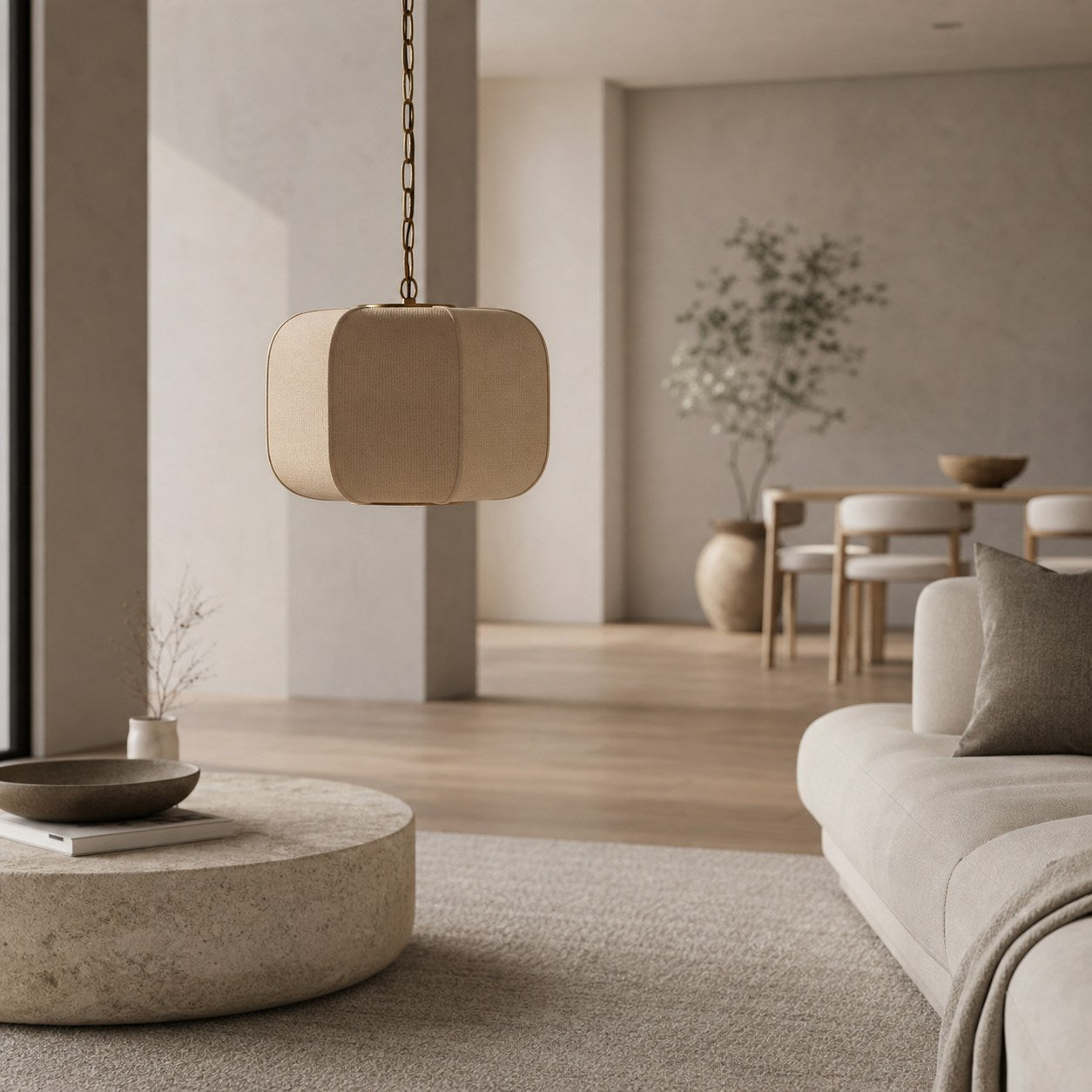 Loomis Tall Pendant – Textured Linen Shade Aged Brass Pendant for Dining Room and Kitchen