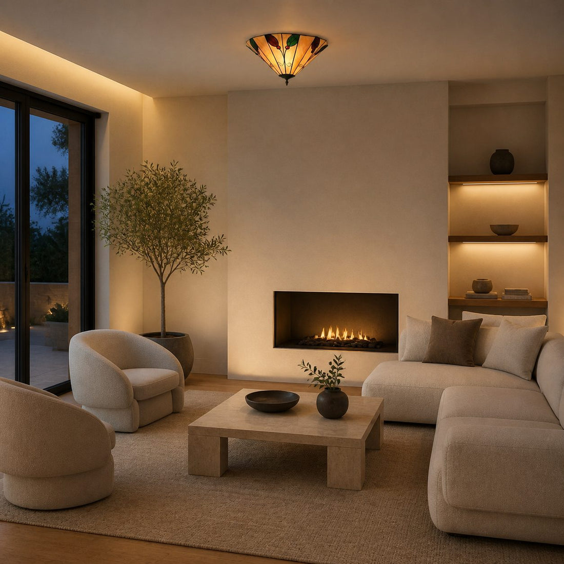 TiffStar Leaf Flush Ceiling Light with Art Glass Shade for Living Room
