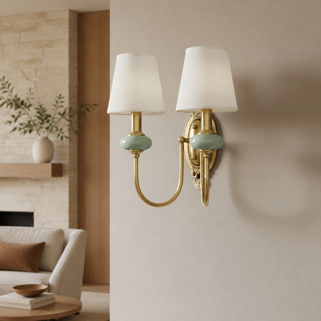 Rowanea Ceramic Wall Sconce with Fabric Shade and Metal Finish – Farmhouse Modern Hallway Light