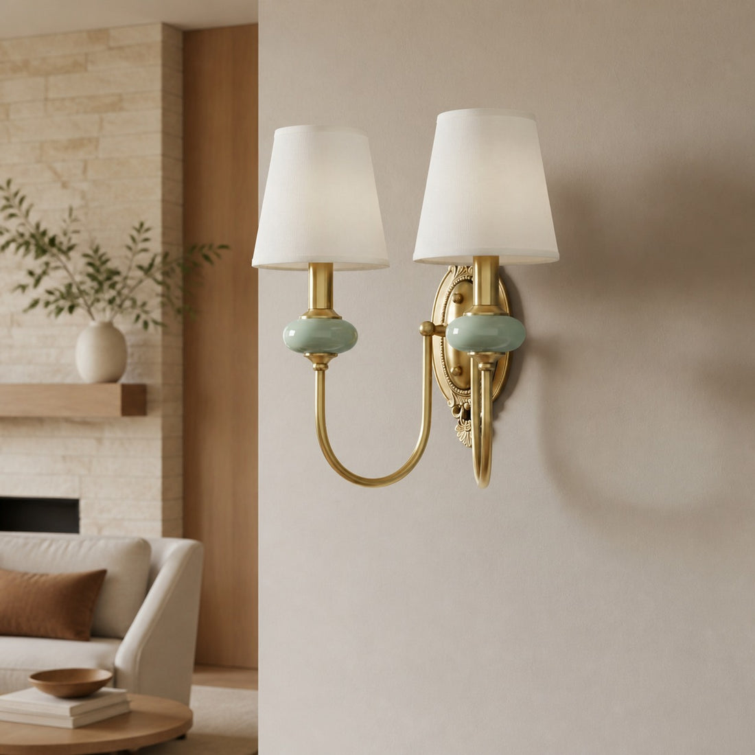 Rowanea Ceramic Wall Sconce with Fabric Shade and Metal Finish – Farmhouse Modern Hallway Light