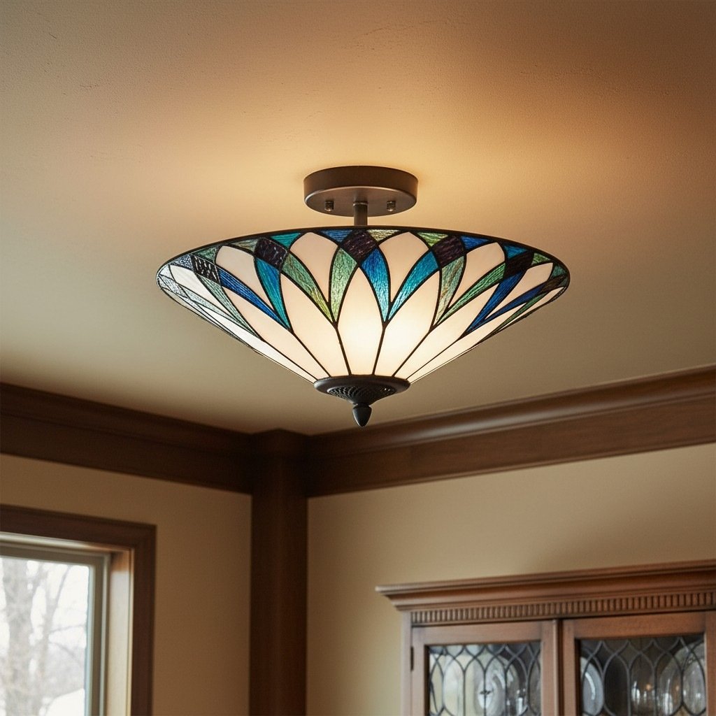 TF Allanton Tiffany Semi Flush Ceiling Light – Art Nouveau Patterned Shade for Living or Dining
