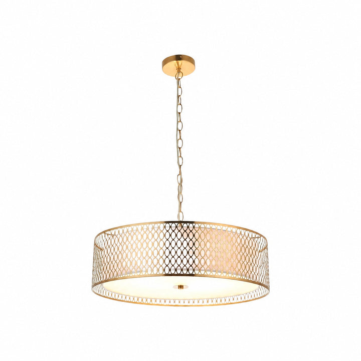 Liorin Geometric Pendant Lamp – Modern Fretwork Metal and Fabric Shade Pendant for Interiors