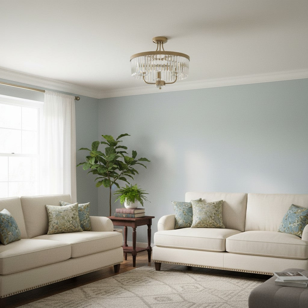 Beveline 3 Light Round Semi Flush - Faceted Cut Glass Shade Metal Finish for Hallways and Bedrooms