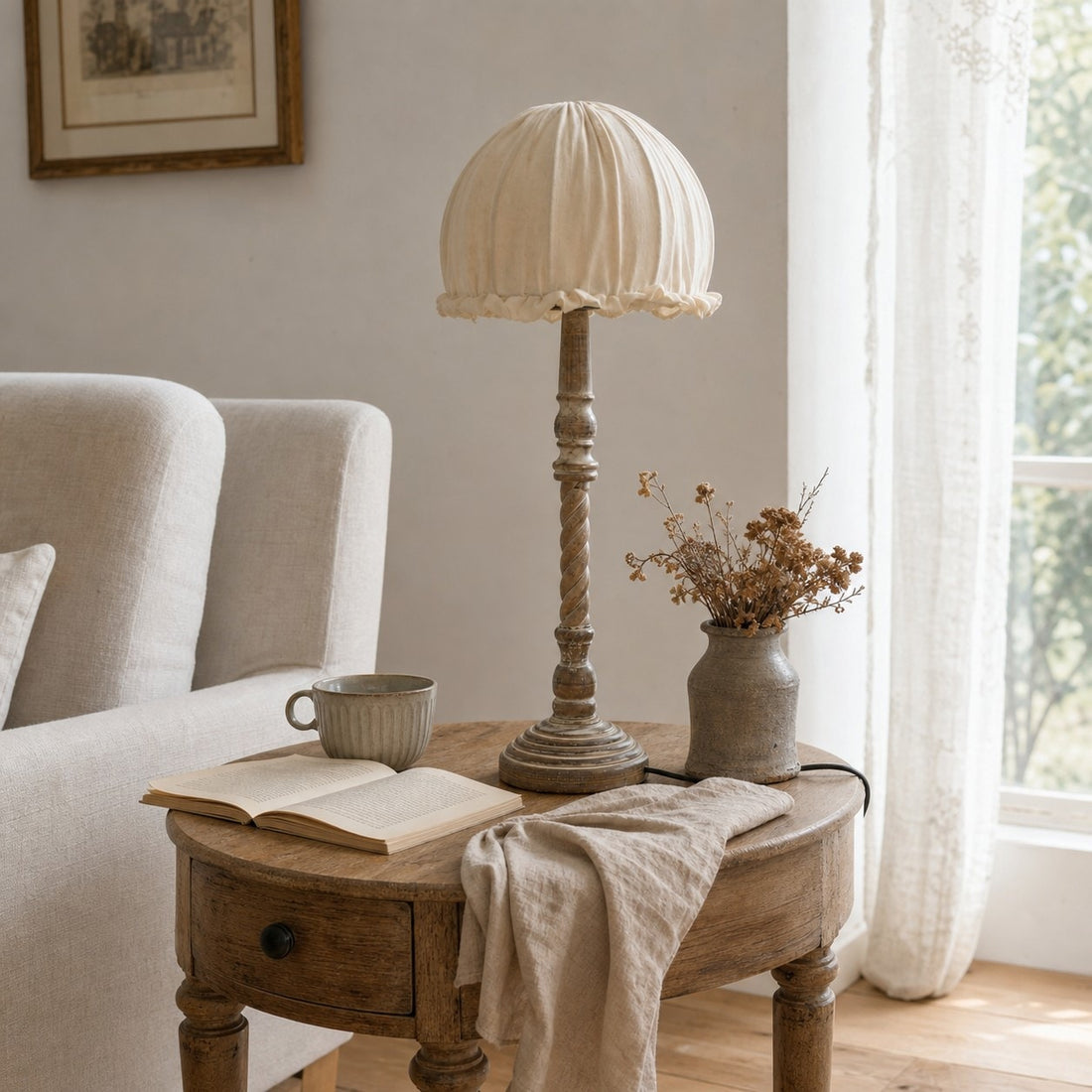 Pleated shade table lamp in reading corner