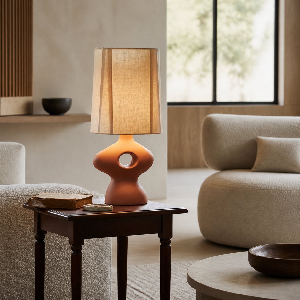 Pryssa Ceramic Table Lamp with Ivory Linen Shade -  Artistic Lighting for Living Room or Bedroom