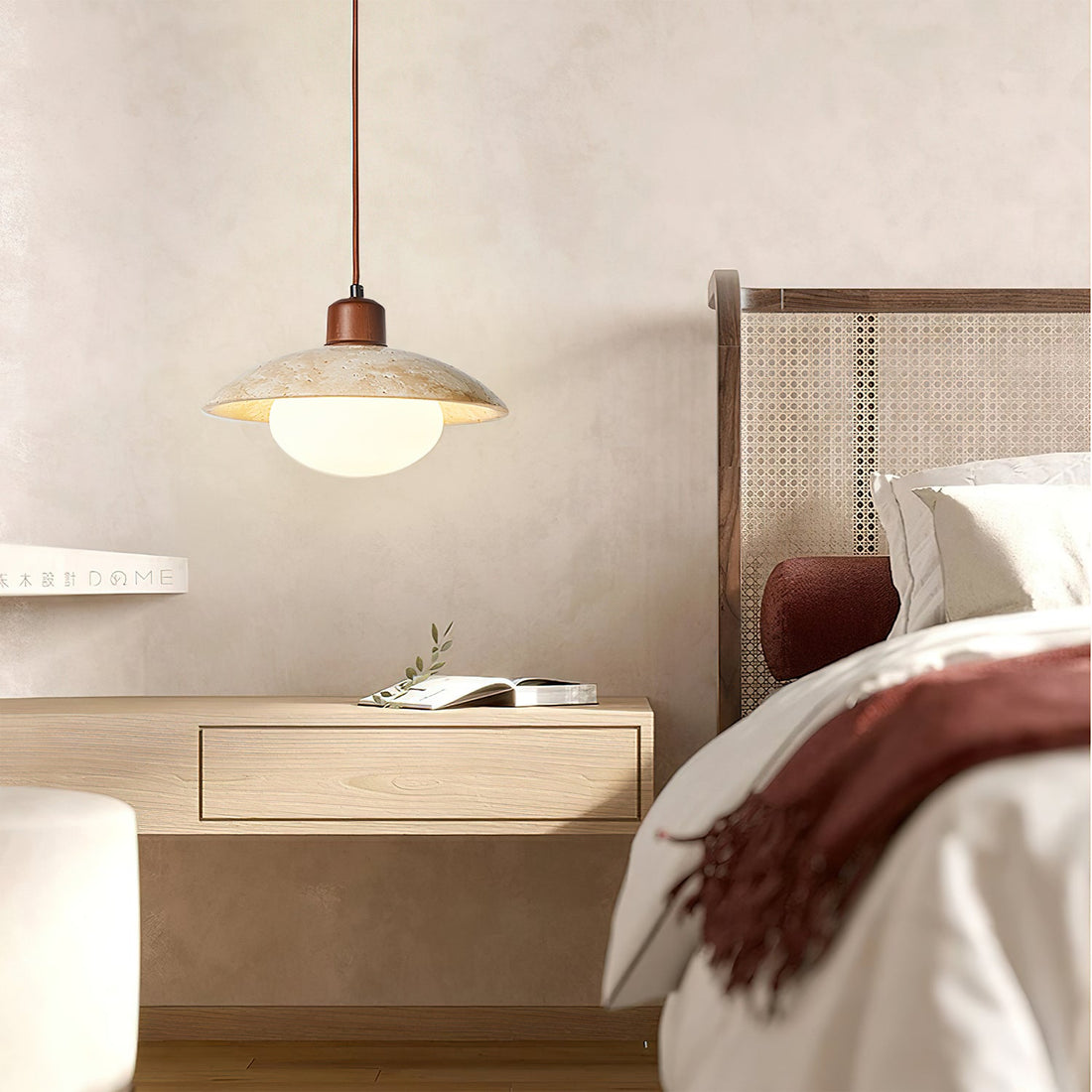 Wabi-sabi Style Travertine Stone Disc Pendant Lamp
