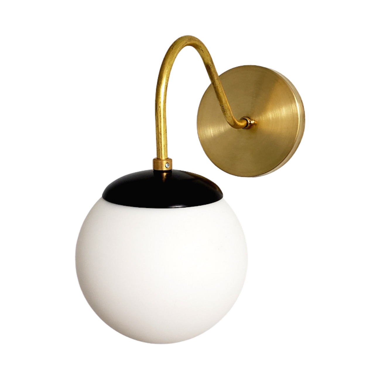 Brass Wall Lamp Sconce - Curved Arm with Handblown Frosted Glass