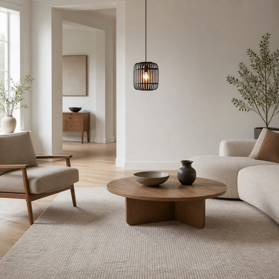 Yumeko Adjustable Bamboo Pendant Lamp - Natural Cage Ceiling Light Perfect for Living & Dining Rooms