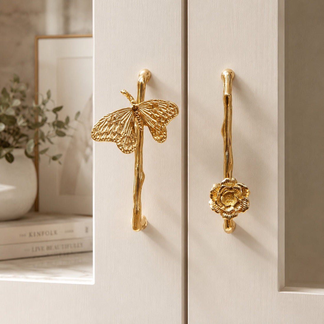 Polished brass drawer handle shown at cabinet scale