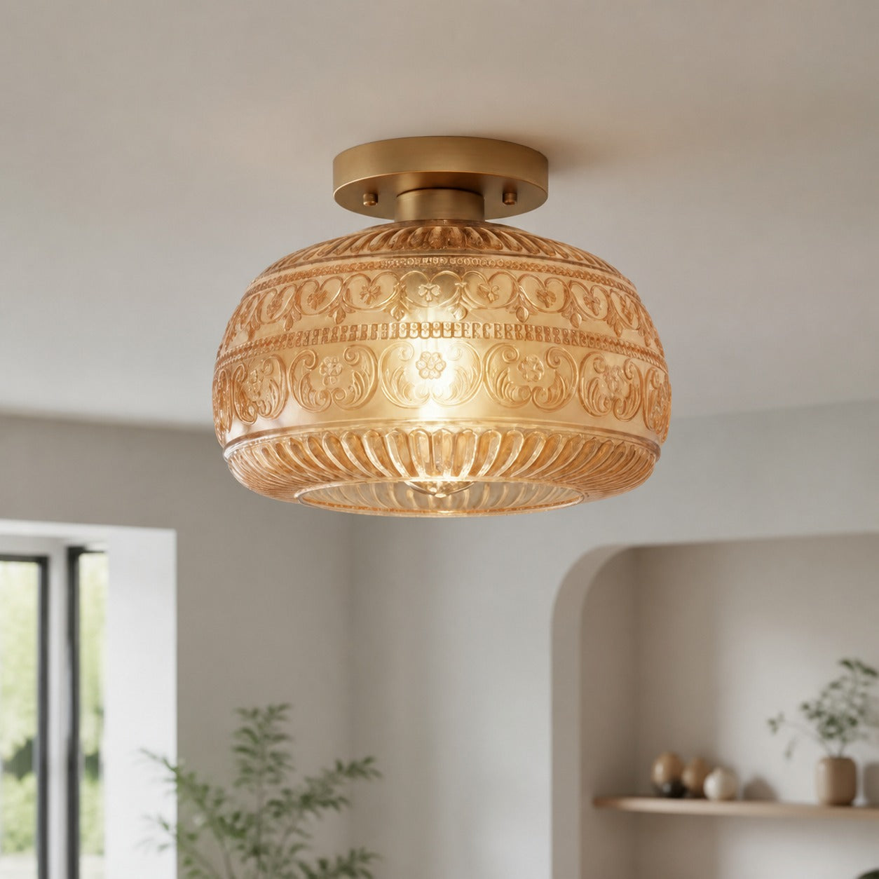 Lurex Stained Pattern Glass Flush Mount Ceiling Light - Engraved Design and Decorative Indoor Lighting U21