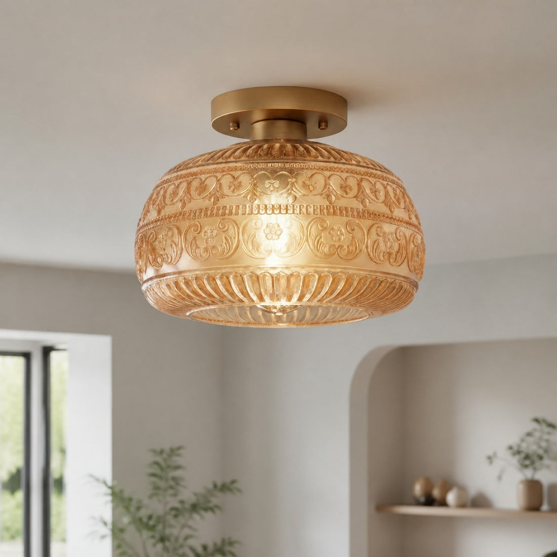Lurex Stained Pattern Glass Flush Mount Ceiling Light - Engraved Design and Decorative Indoor Lighting U21