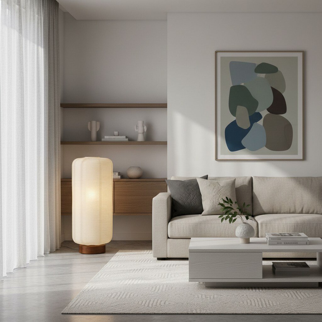 Tivo Minimalist Ribbed Floor Lamp - Simple solid wood base with paper lampshade suitable for living room and bedroom