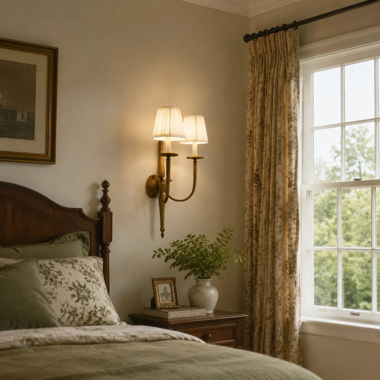 Vintage double wall sconce beside a bedroom window