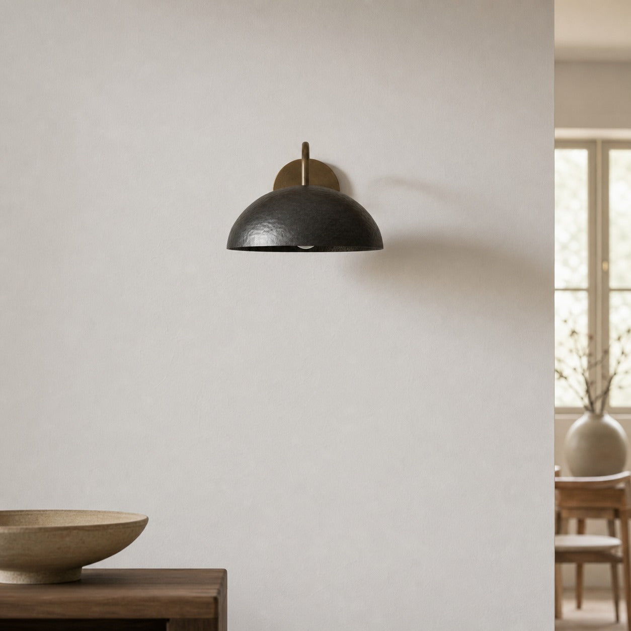 Curva Metal  Industrial Wall Sconce - Curved Brass Arm - Hammered Dome Light Fixture