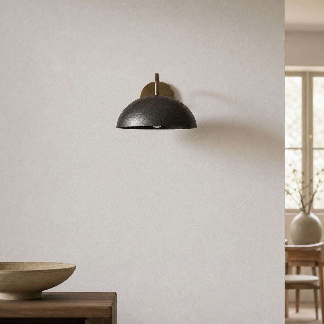 Curva Metal  Industrial Wall Sconce - Curved Brass Arm - Hammered Dome Light Fixture