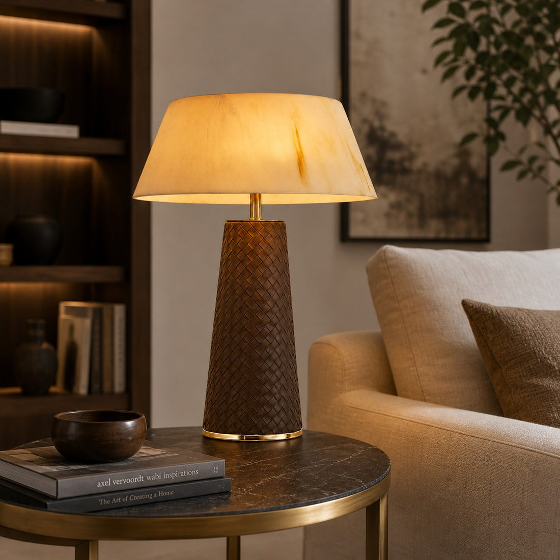 Leather table lamp on a side table in a warm living room
