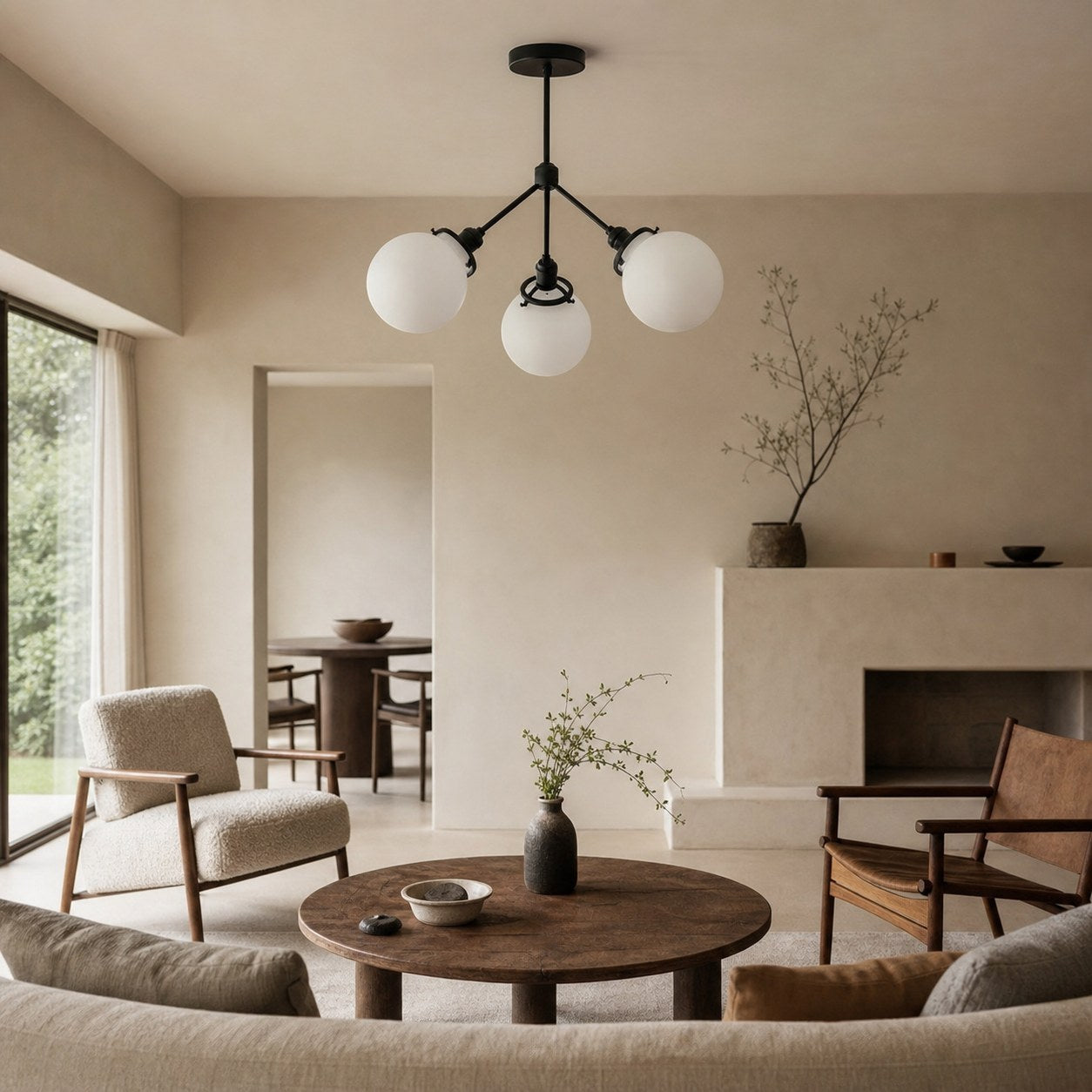 Glorica Glass Chandelier - Brass Globe Ceiling Light with Opal Shade